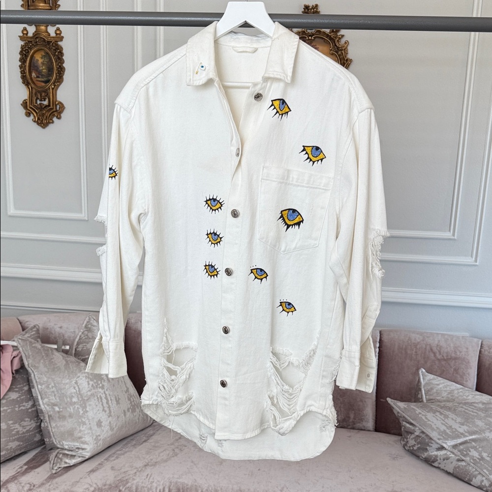 Eye See You Handmade Hand-Painted White Jeans Jacket – Made in Greece - Picture 12 of 17